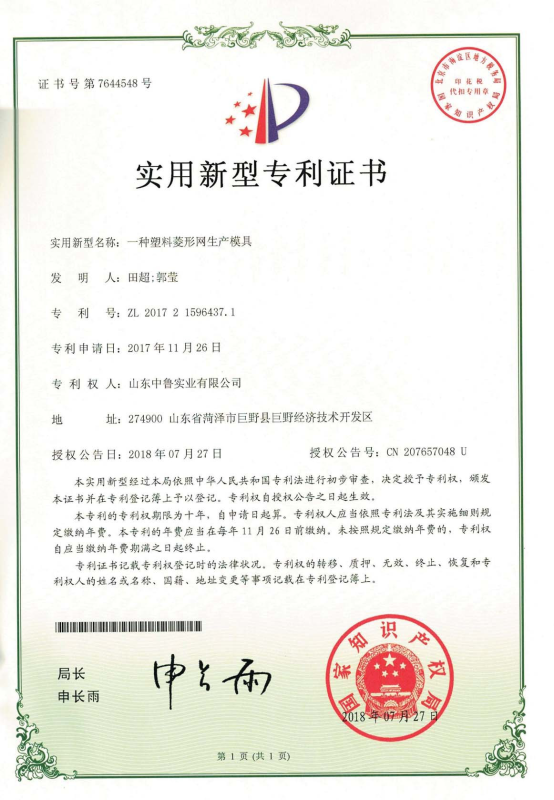 专利证书：一种塑料菱形网生产模具